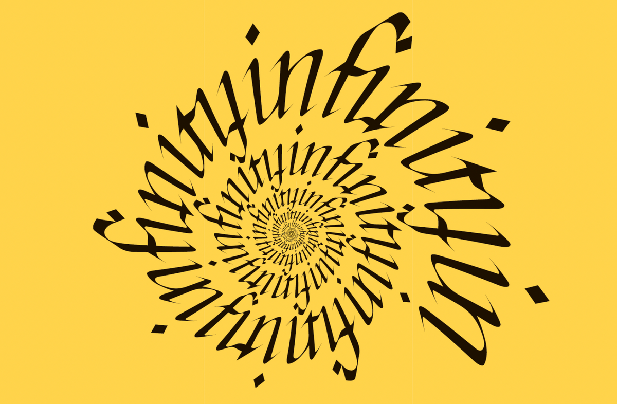 由书法风格的螺旋形字母组成的插图，反复拼写“无限”这个词。