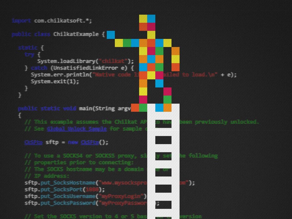 一个像素化的人在梯子上放置代码的插图。
