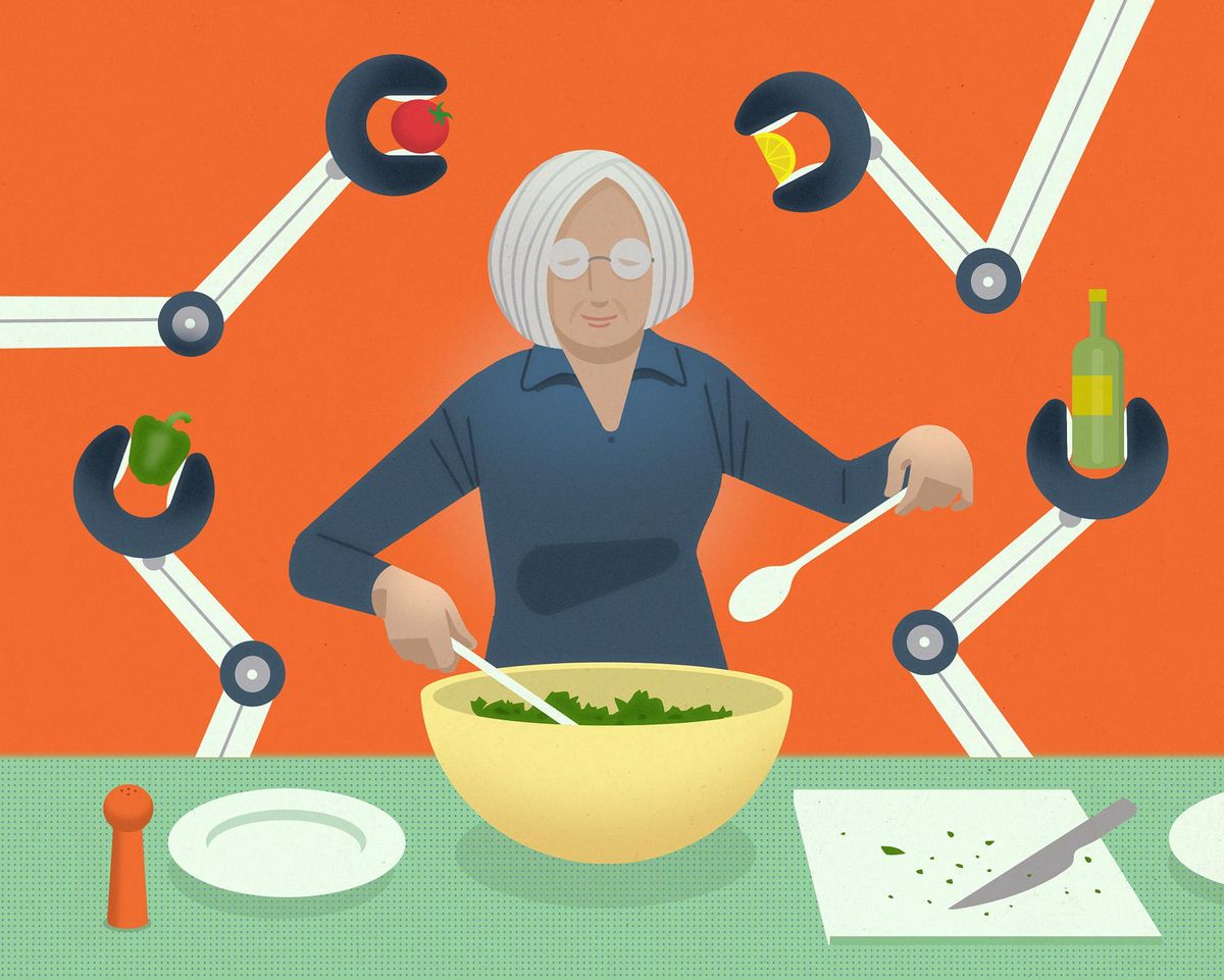 一名女子正在做沙拉，机械臂环绕着她，手里拿着蔬菜和其他沙拉配料。