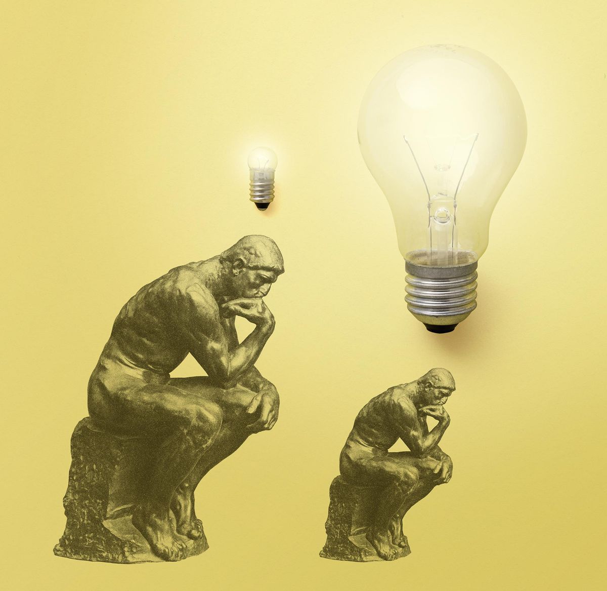 “思考者”的插图，上面有一个小灯泡，旁边有一个小灯泡和一个大灯泡。