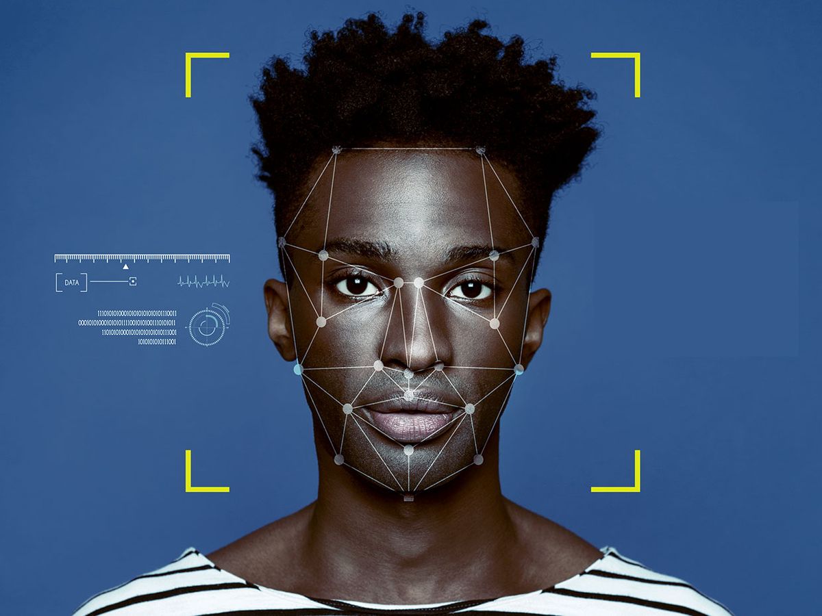 一名年轻黑人男子的肖像，他的脸上有面部识别标记
