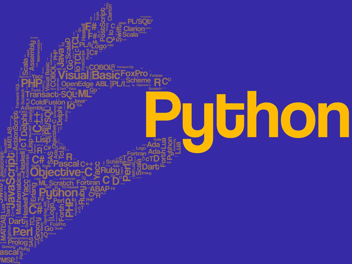 由编程语言名称组成的黄色手形的紫色背景中包含了Python这个词，它很大。