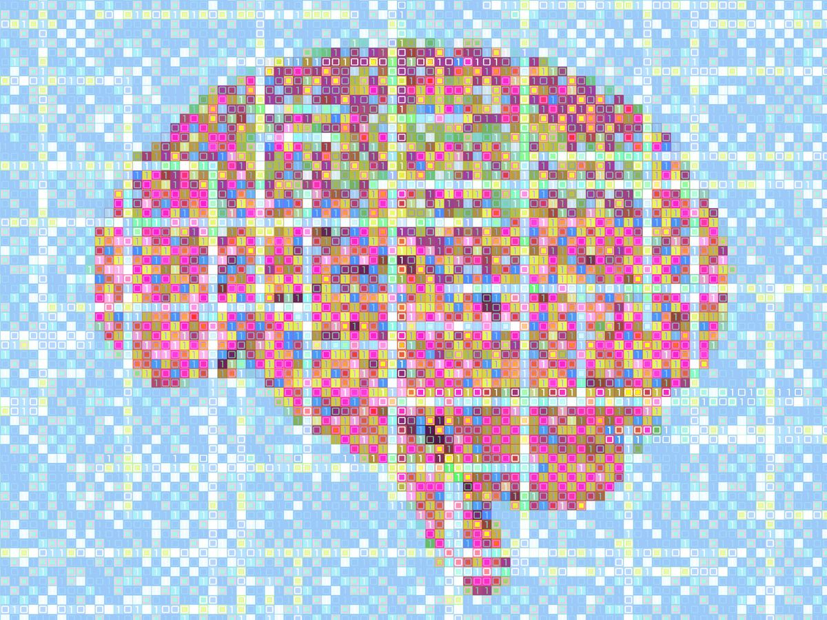0和1组成了一个彩色的大脑形状和蓝色背景。