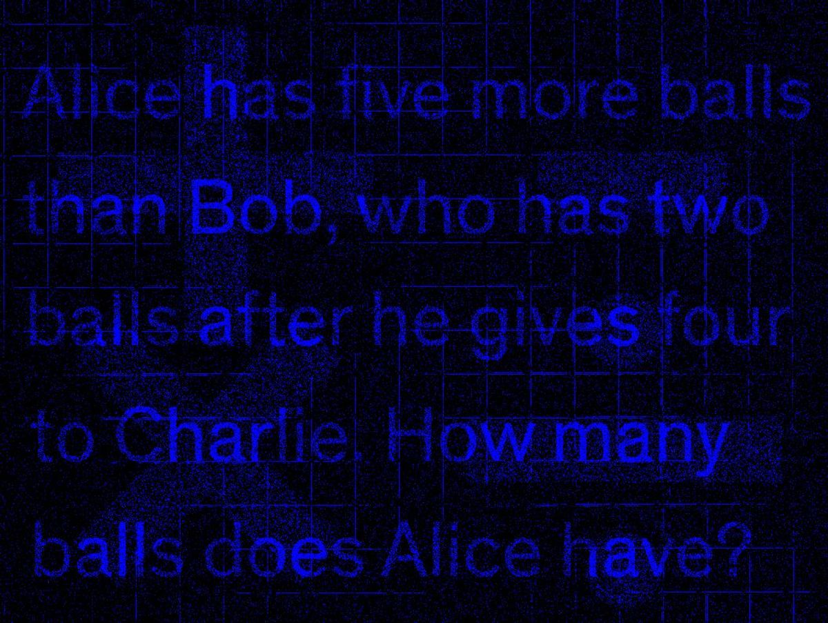 Alice比Bob多了5个球，Bob给Charlie 4个球后还有2个球。爱丽丝有几个蛋蛋?蓝色，扭曲